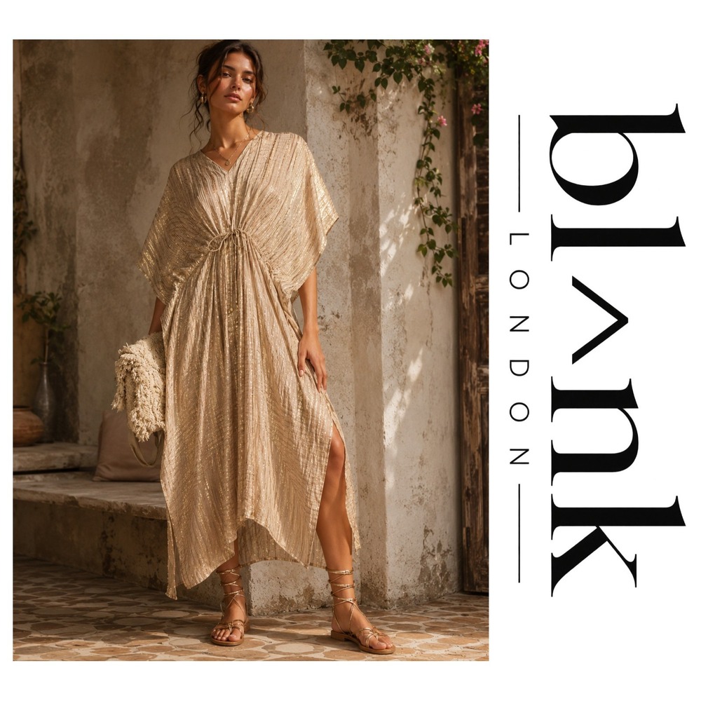 Bl-nk London Anthropologie Metallic Gold Lurex Kaftan Midi Dress Drawstring OS